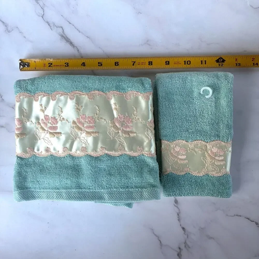 Vintage 1980s After Bath Luxury 4 Pc Towel Set Seafoam Floral Satin NOS